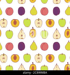 Prune de fruit, poire, pêche et pomme sans coutures, un design parfait pour toutes les utilisations. Motif de texture de tissu dessiné à la main. Un milieu alimentaire sain. Motif d'été à motif vectoriel plat. Sur fond blanc. Illustration de Vecteur