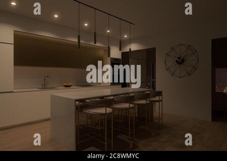 Illustration 3D d'une cuisine avec éclairage de nuit. Banque D'Images