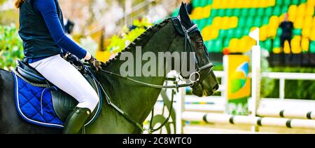 Belle fille sur le cheval noir dans le spectacle de saut, sports équestres. Cheval et fille en uniforme va sauter. En-tête de bande ou bannière horizontale. Banque D'Images