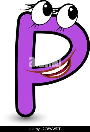Drôle de dessin animé main stylisé police colorée lettre P avec visage souriant vecteur alphabet illustration isolée sur blanc. Bon pour apprendre les enfants Illustration de Vecteur