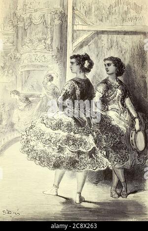 Le fandango au Théatre San Fernando, a Seville [danse du fandango au théâtre San Fernando, à Séville] illustration de la page du livre 'pain' [l'Espagne] de Davillier, Jean Charles, barón, 1823-1883; doré, Gustave, 1832-1883; publié à Paris, France par Librairie Hachette, en 1874 Banque D'Images