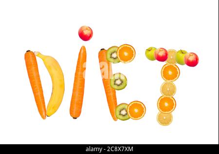 Illustration conceptuelle d'un 'diet' écrit par différents fruits et légumes Banque D'Images