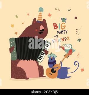 Carte d'anniversaire avec de jolis animaux jouant les instruments de musique Illustration de Vecteur