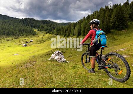 Boy Riding Bicycle dans Prairie de montagne, Alpes, Slovénie Banque D'Images