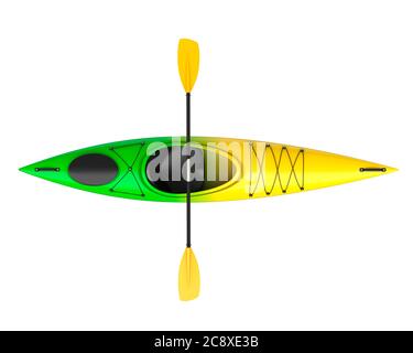 Trois vues horizontales du kayak croisé vert jaune avec paddle. Eau vive et kayak de rivière. Rendu 3D, isolé sur fond blanc Banque D'Images