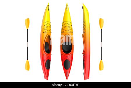 Trois vues verticales de jaune rad crossover kayak avec paddle. Eau vive et kayak de rivière. Rendu 3D, isolé sur fond blanc Banque D'Images