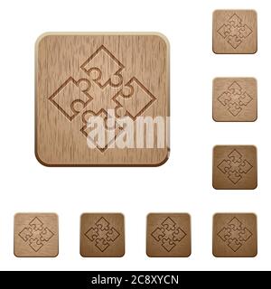 Icônes de puzzles en styles de bouton en bois sculpté Illustration de Vecteur
