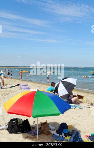 Une plage bondée de Knoll à Studland Bay, un jour chaud d'été ensoleillé, Dorset Angleterre Royaume-Uni Banque D'Images