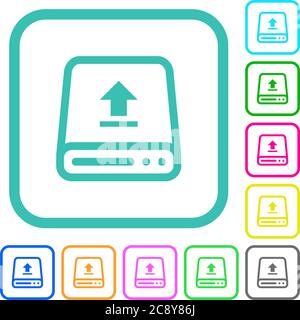 Téléchargement depuis le disque dur icônes plates aux couleurs vives sur fond blanc, avec bordures incurvées Illustration de Vecteur