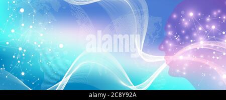 Intelligence artificielle et apprentissage machine concept de vecteur dans le réseau neuronal. Ai Web Banner Design avec Human face. Communication de flux de courbes. Numérique Illustration de Vecteur