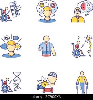 Patient avec jeu d'icônes de couleur RVB incapacités. Homme handicapé. Personne paralysée en fauteuil roulant. Perte de mémoire de la maladie d'Alzheimer. Lésion cérébrale. Chroni Illustration de Vecteur