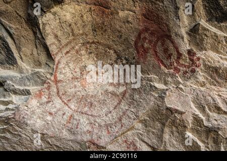 Peintures d'art rupestre de 5,000 ans dans les grottes de Mitla, site classé au patrimoine mondial de l'UNESCO des grottes préhistoriques de Yagul et Mitla dans le C Banque D'Images