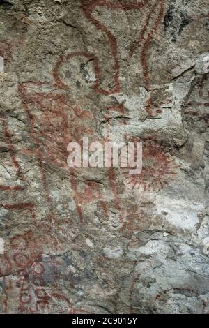 Peintures d'art rupestre de 5,000 ans dans les grottes de Mitla, site classé au patrimoine mondial de l'UNESCO des grottes préhistoriques de Yagul et Mitla dans le C Banque D'Images