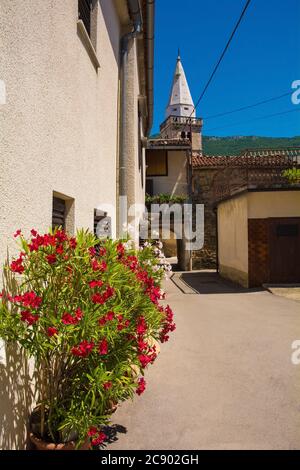 Une voie dans le centre de Podnanos, un village dans la haute vallée de Vipava dans la municipalité de Vipava dans la région de Primorska en Slovénie Banque D'Images