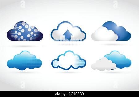 Ensemble de différents nuages. Illustration du cloud computing sur fond blanc Illustration de Vecteur