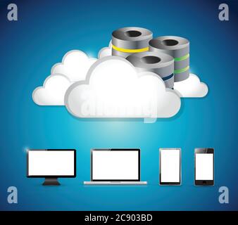 Le serveur et les nuages sur un ensemble vont à l'électronique. Illustration design sur un fond bleu Illustration de Vecteur