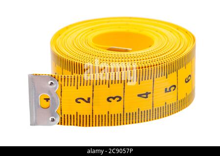 Santimert pour la mesure des tailles et des volumes de couleur jaune sur fond blanc, personne. Banque D'Images