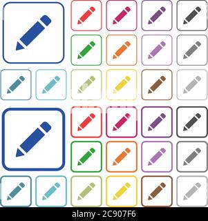 Icônes de couleur de crayon dans des cadres carrés arrondis plats. Versions minces et épaisses incluses. Illustration de Vecteur