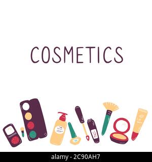 Collection de kits professionnels pour maquilleur et salon de beauté. Arrière-plan de l'esquisse de beauté. Illustration de la mode et de la cosmétique. Un plat à la main Illustration de Vecteur