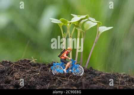 Gros plan d'un cycliste miniature avec pousse de chou-rave sur le sol et montez à vélo sous la pluie. Banque D'Images