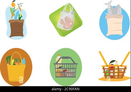 Ensemble d'icônes de sacs d'épicerie. Chariots et paniers à provisions - Vector Illustration de Vecteur