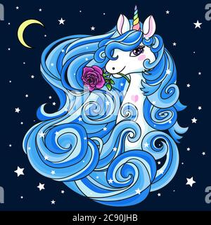 Belle licorne blanche avec une longue et bleue de forme de vie. Animal mythique. Sur fond noir. Pour les imprimés, affiches, autocollants. Tatouage. Vecteur Illustration de Vecteur