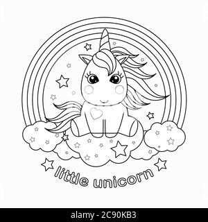 Petite, dessin animé unicorn. Illustration vectorielle noir et blanc pour le dessin des enfants. Coloriage, imprimés, affiches, etc Illustration de Vecteur