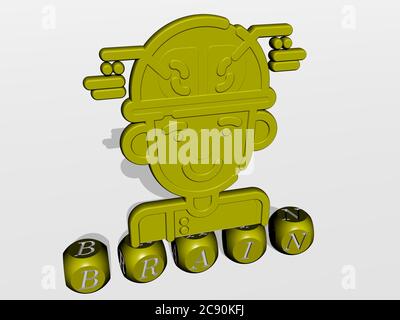 Illustration 3D des graphiques DU CERVEAU et du texte fait par des lettres métalliques de dés pour les significations connexes du concept et des présentations. Contexte et humain Banque D'Images
