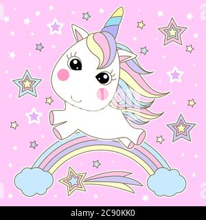 Jolie licorne sur un arc-en-ciel avec des étoiles sur fond rose. Animal fantaisie. Pour les imprimés, affiches, cartes et ainsi de suite pour enfants. Vecteur Illustration de Vecteur