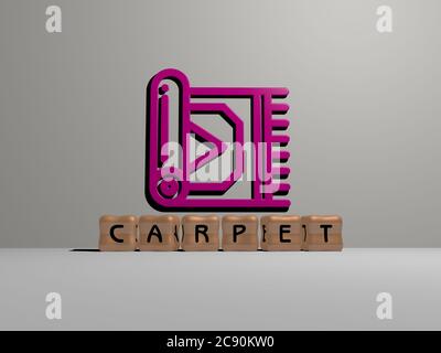 Représentation 3D de tapis avec icône sur le mur et texte disposé par des lettres métalliques cubes sur un sol miroir pour la signification du concept et la présentation du diaporama. Arrière-plan et illustration Banque D'Images