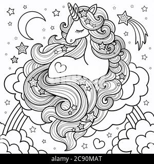 Une belle licorne avec une longue minière sur les nuages et l'arc-en-ciel. Dessin linéaire, noir et blanc. Pour colorier des livres, tatouages, cartes postales, tirages, Illustration de Vecteur