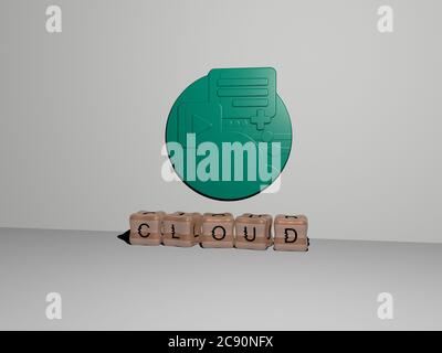 Représentation 3D du NUAGE avec icône sur le mur et texte disposé par des lettres métalliques cubes sur un sol miroir pour la signification du concept et la présentation du diaporama. Fond et bleu Banque D'Images