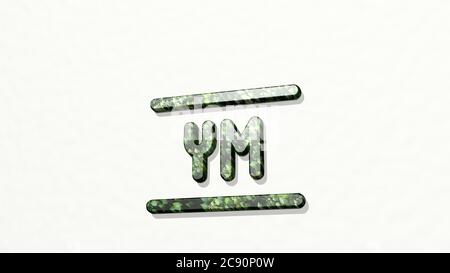 YM réalisé par l'illustration 3D d'une sculpture métallique brillante sur un mur à fond clair Banque D'Images