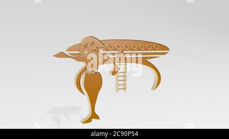 EXTRATERRESTRES réalisés par l'illustration 3D d'une sculpture métallique brillante sur un mur avec un fond clair. Dessin animé et espace Banque D'Images