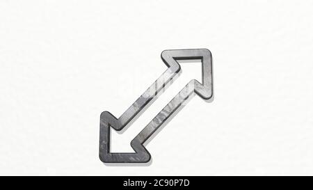 flèche de diagramme diagonal à partir d'une perspective sur la paroi. Une sculpture épaisse faite de matériaux métalliques de rendu 3D. Illustration et affaires Banque D'Images