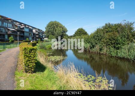 Lokeren, Belgique, 13 juillet 2020, appartements à côté de la rivière avec balcon et auvents Banque D'Images