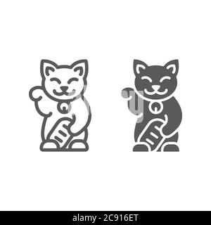 Ligne de Maneki neko et icône de glyphe, asiatique et animal, signe de chat japonais, graphiques vectoriels, un motif linéaire sur un fond blanc. Illustration de Vecteur