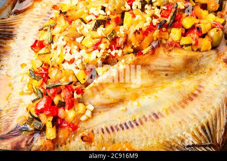 Flet appétissant ou poisson plat cuit avec des légumes.poisson frit avec garniture de légumes Banque D'Images