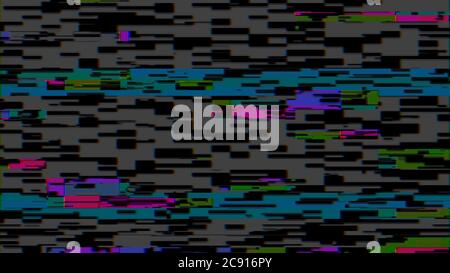 Distorsion horizontale de l'image vidéo brisée sur fond noir, effet VHS, bruit de pixel de couleur numérique. Problème d'arrière-plan de pixels abstraits du stock Banque D'Images