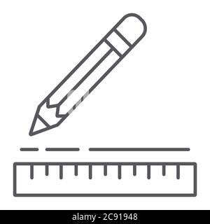 Icône de ligne fine de règle et de crayon, instrument et école, signe d'équipement de dessin, graphiques vectoriels, un motif linéaire sur fond blanc. Illustration de Vecteur