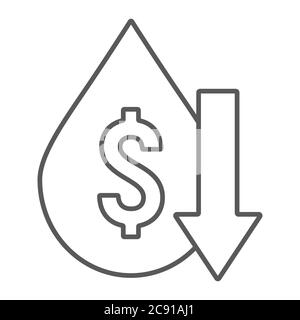 Baisse du prix du pétrole icône de ligne mince, crise et carburant, le prix du pétrole bas signe, graphiques vectoriels, un motif linéaire sur un fond blanc. Illustration de Vecteur