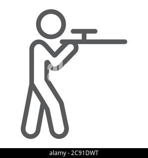 Icône de ligne de tir, chasse et fusil de chasse, homme avec le signe de la tombola, graphiques vectoriels, un motif linéaire sur un fond blanc. Illustration de Vecteur