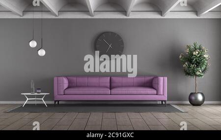 Salon moderne avec canapé violet contre mur gris - rendu 3d Banque D'Images