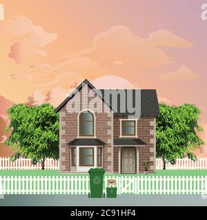 Propriété résidentielle individuelle sur une rue de banlieue avec des bennes de recyclage vertes prêtes pour la collecte dans un ciel de l'aube ou du crépuscule Banque D'Images