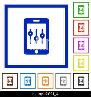 Smartphone qui retouches les icônes de couleur plate dans des cadres carrés sur fond blanc Illustration de Vecteur