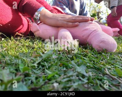 Enfants jouant avec l'ours en peluche dans un parc. Les parties du corps des enfants semblent jouer avec des jouets. Les enfants expriment souvent des émotions et des pensées tout en jouant avec l'esprit Banque D'Images