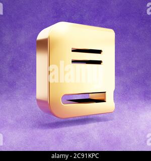Icône Livre. Or brillant symbole Livre isolé sur fond de velours violet. Icône moderne pour site Web, médias sociaux, présentation, élément de modèle de conception. Rendu 3D. Banque D'Images