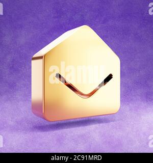 Icône courrier. Or brillant symbole Mail isolé sur fond de velours violet. Icône moderne pour site Web, médias sociaux, présentation, élément de modèle de conception. Rendu 3D. Banque D'Images
