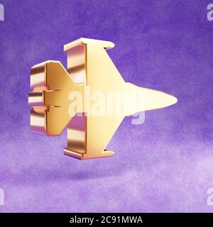 Icône avion de chasse. Symbole de jet Fighter brillant doré isolé sur fond de velours violet. Icône moderne pour site Web, médias sociaux, présentation, élément de modèle de conception. Rendu 3D. Banque D'Images