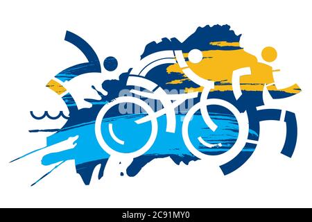 Course de triathlon, concurrents. Trois symboles d'athlètes de triathlon sur fond de grunge. Vecteur disponible. Illustration de Vecteur